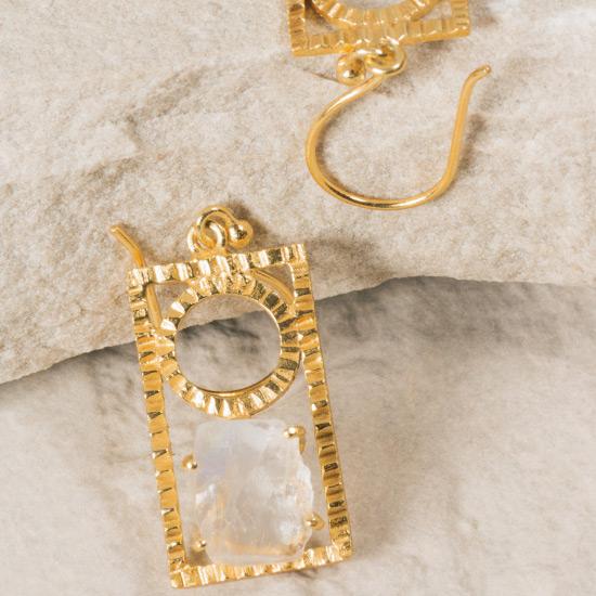 Vintage Gold Moonstone Earrings - Fine wire hook earring featuring a specially designed charm pendant to hold a precious raw Rainbow Moonstone stone gem.
